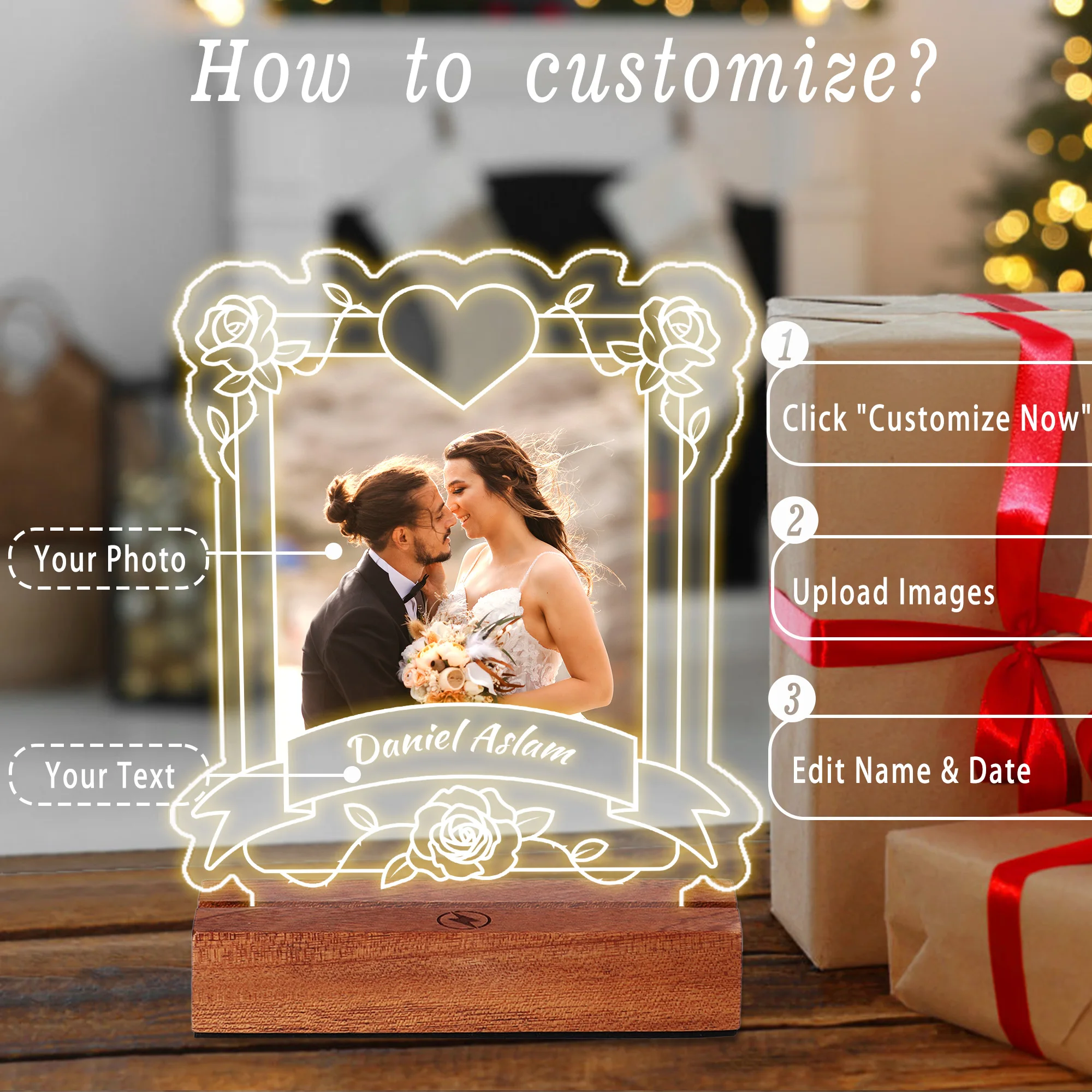 Personalized Acrylic Plaque Gifts for Anniversary,  Heart -shaped Custom Acrylic Picture Frames Gifts with Night Light for lover