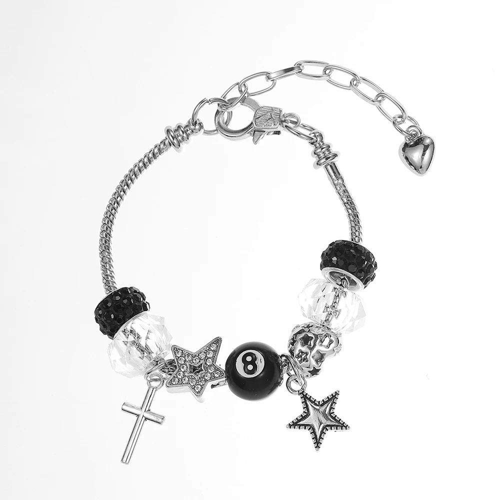 Süßes, cooles Armband mit großen Perlen im Schlangenknochen-Stil, Stern-, Herz-, Kreuz- und Billard-Anhänger, verstellbares Accessoire für Damen und Herren, Geschenk. – Detail 7