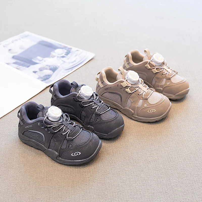 

Autumn Children's Outdoor Mountaineering Shoes Casual Mesh Artificial Leather Patchwork Boys Sneakers Button Walking Footwear