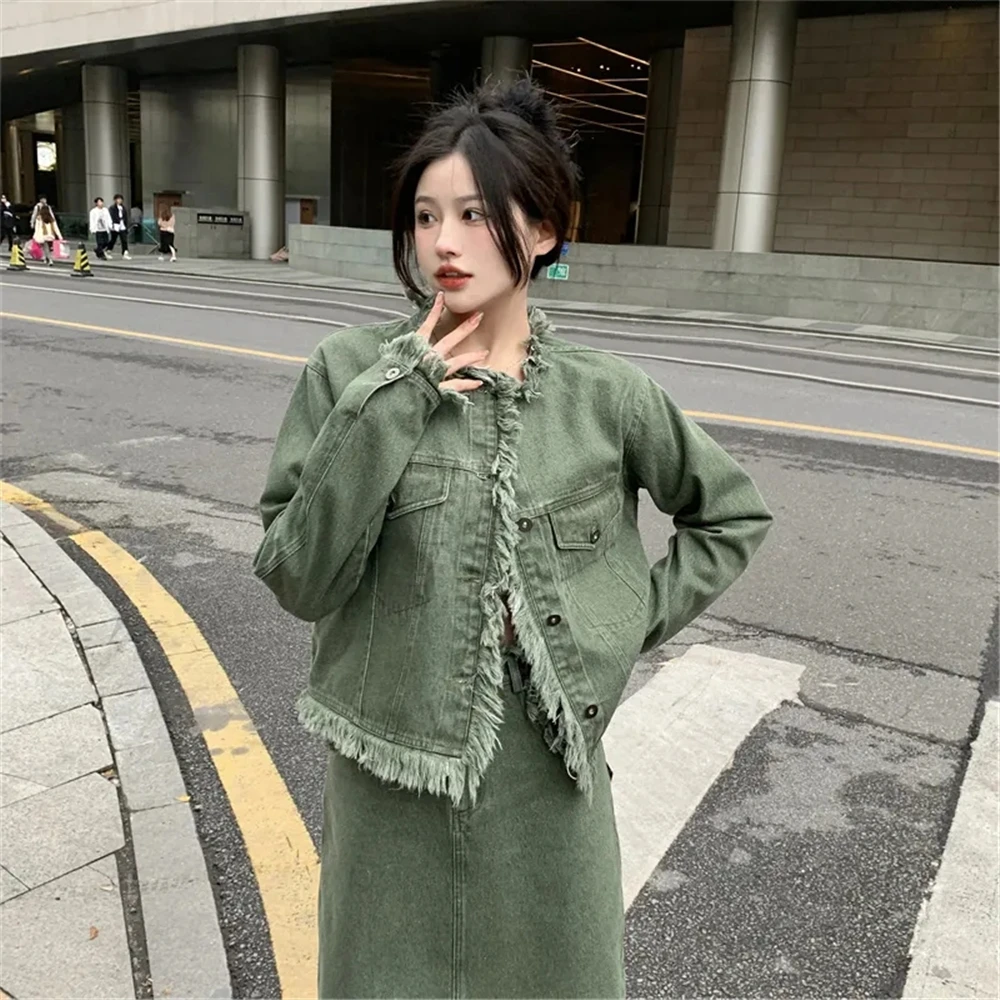 Woman ClothingVintage Green Fringed Denim  For Women, Versatile Loose Top, Spring And Autumn, New Fashion, 2024