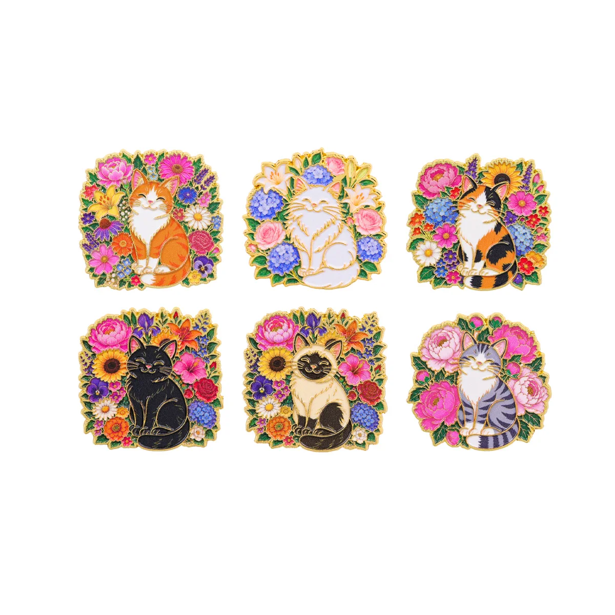 6Pcs Floral Cat Enamel Pins Set Various Flowers Cartoon Animals Metal Lapel Brooch Badge Jacket Backpack Decor Ornament