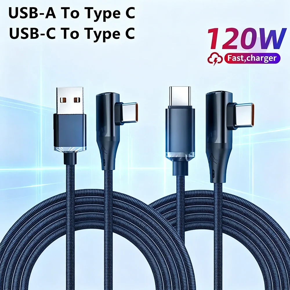 PD 120W USB C Cable 90 Degree Elbow Fast Charging Phone Charger Wire For iPhone Samsung Xiaomi Huawei Type C Quick Charge Cable