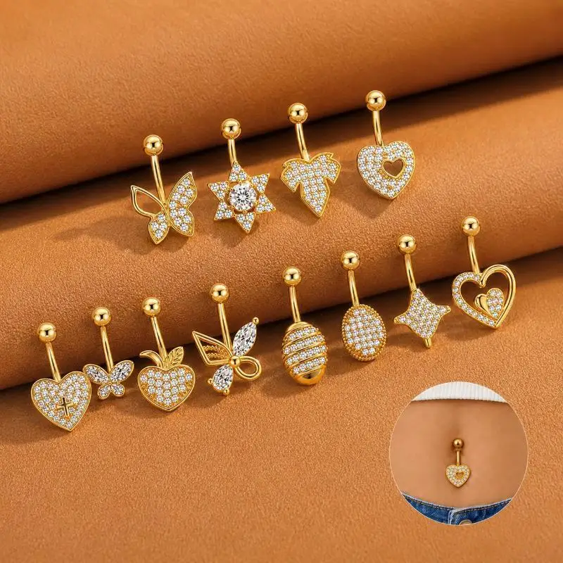 Belly Button Rings Gold Plated Shiny Cubic Zirconia Minimalist Stylish Navel Piercing for Beach Daily Gift for Girls
