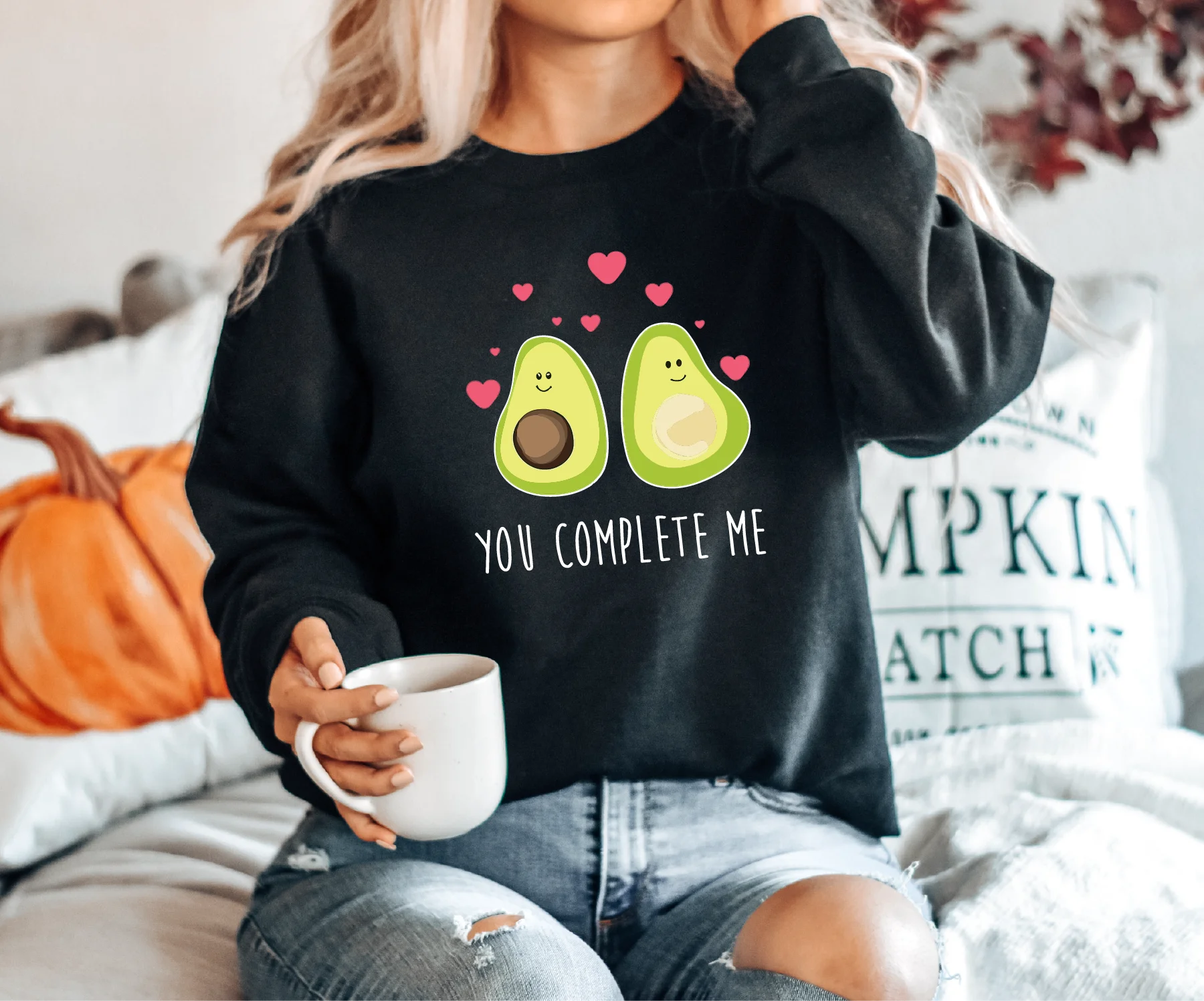 Valentines Day Avocado Sweatshirt You Complete Me Cute Couple Long Sleeves Pullovers Y2k  Kawaii Women Clothes