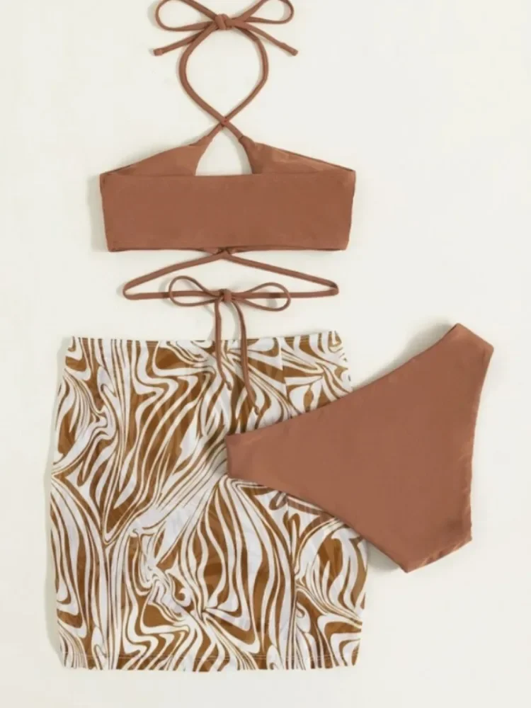 3 Pieces Criss Cross Bikinis Swimsuit Beach Skirt Cover Up Swimwear Women 2025 Brown Bathing Suit Brazilian Bikini Beachwear