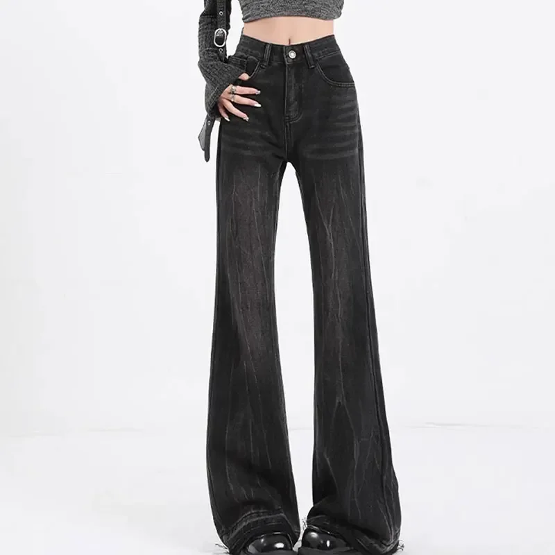 Kinsaga Black Gray Horn Mopping Pants Women Korean Pear Shape High Waist Mopping Wide Leg Flare Jeans Tall Girl Micro-pull Pants