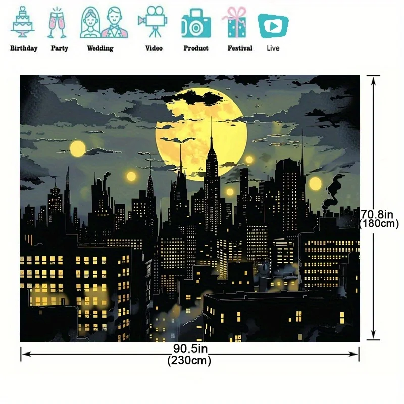 Superhero City Skyline مع خلفية الخفافيش - لافتة حفلات من البوليستر اللامع، مناسبة للتصوير الفوتوغرافي وأعياد الميلاد والمناسبات #6