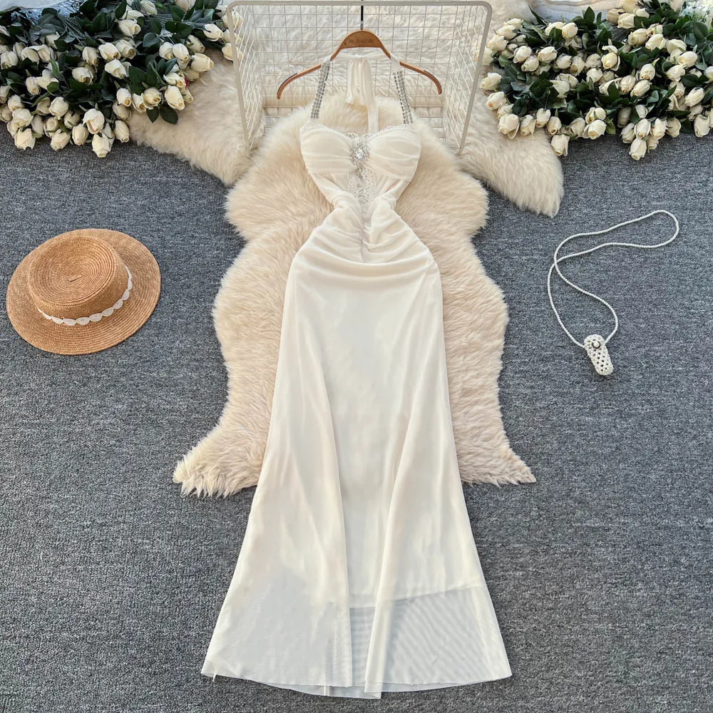 

Women White Dresses Lace Dress Beaded A Line Camisole Halter Neck Sleeveless High Waist Party Ankle Length Casual 2026 Spring