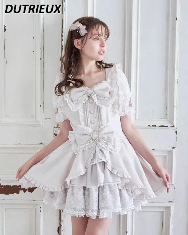 2025 NUOVO abito slim fit a maniche corte con scollo quadrato Ragazza carina giapponese Dolce fiocco in pizzo con bordo volant Abiti e gonna base