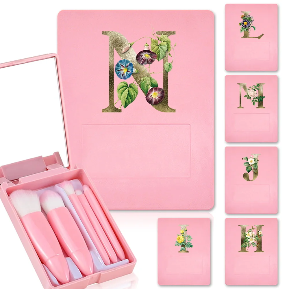 Juego de brochas de maquillaje para mujer, estuche organizador de espejo, Kit de pinceles suaves, caja duradera, patrón de letras de flores doradas, 5 piezas