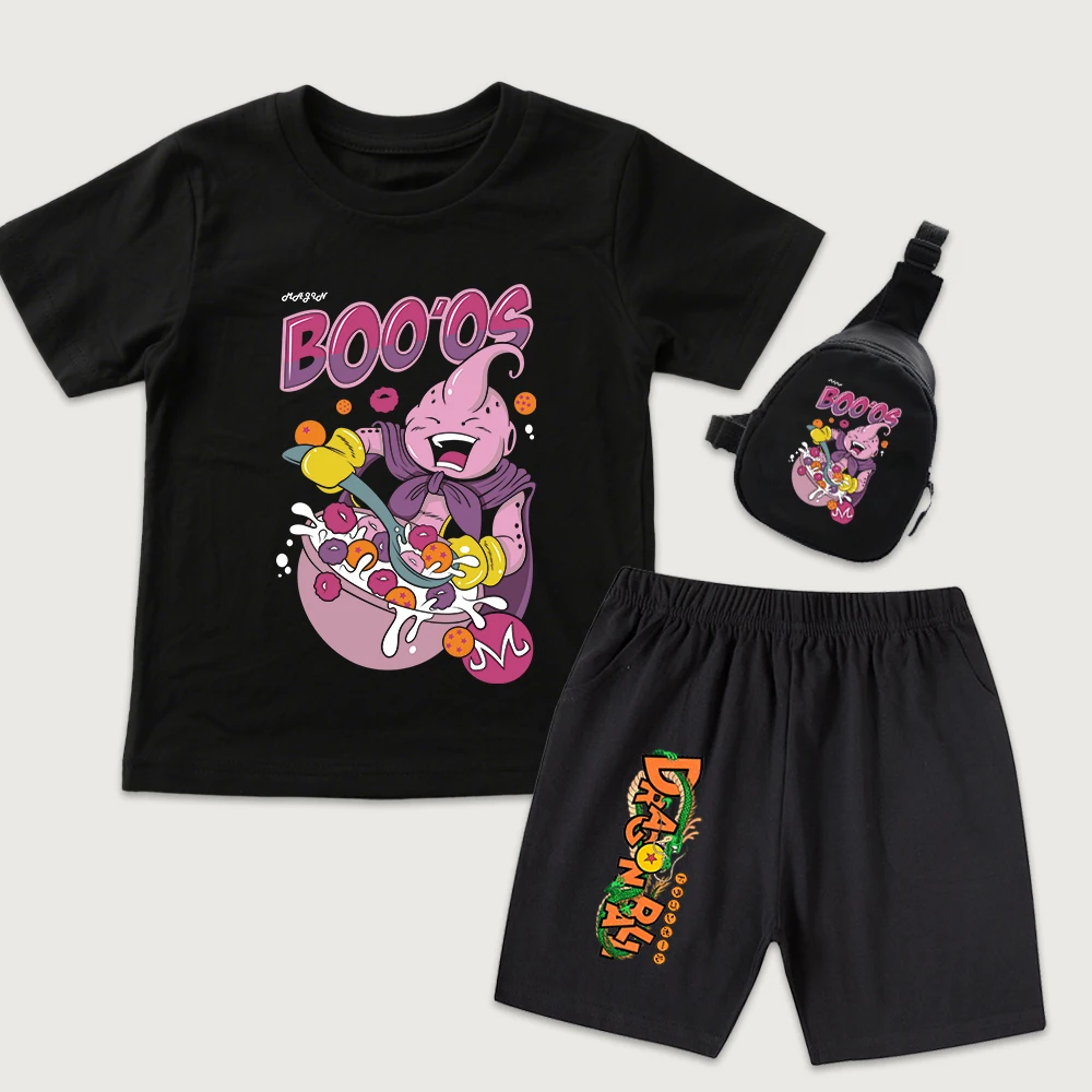 Conjunto de Camiseta y Pantalones Cortos de Algodón con Estampado de Anime Dbz Majin Boo para Niños, con Mini Mochila, 3 Piezas, Ropa Casual para Niños y Niñas
