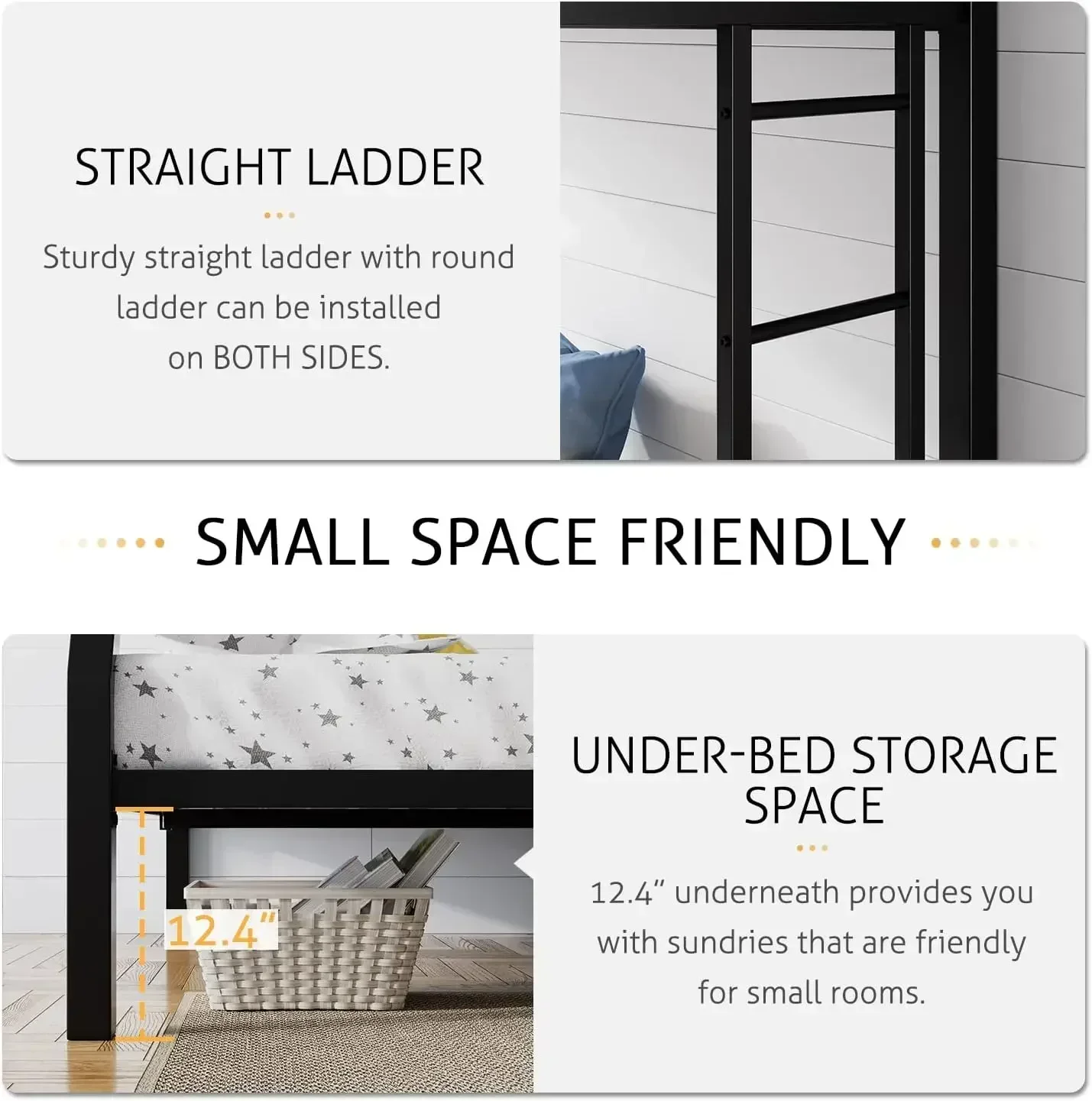 سرير معدني بطابقين مزدوج الحجم بالكامل مع سلالم قابلة للإزالة، إطار قوي شديد التحمل مع مساحة تخزين تحت السرير مقاس 12 بوصة، أسود (ساخن)