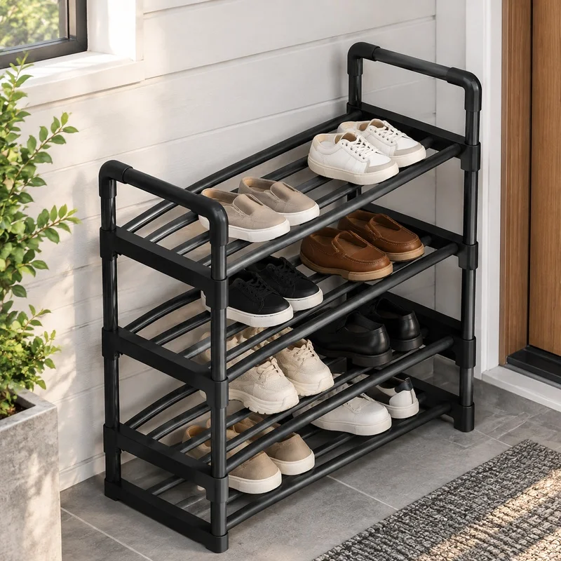 Compact Black Shoe Rack with Multiple Levels, Space-Efficient Organizer for Dorms and Entryways