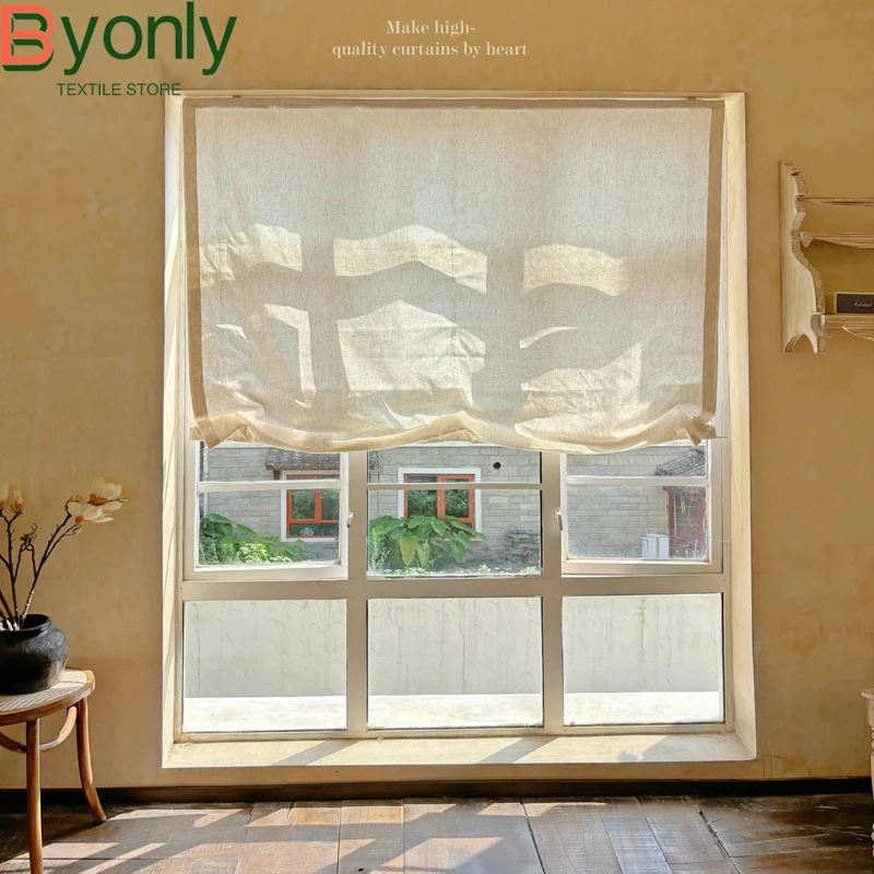 Römischer Vorhang aus natürlichem Leinen, individueller Hebe-Stretch-Vorhang, Fenstergitter-Vorhänge, Wohnzimmer, Schlafzimmer, französisches Fenster, Balkon