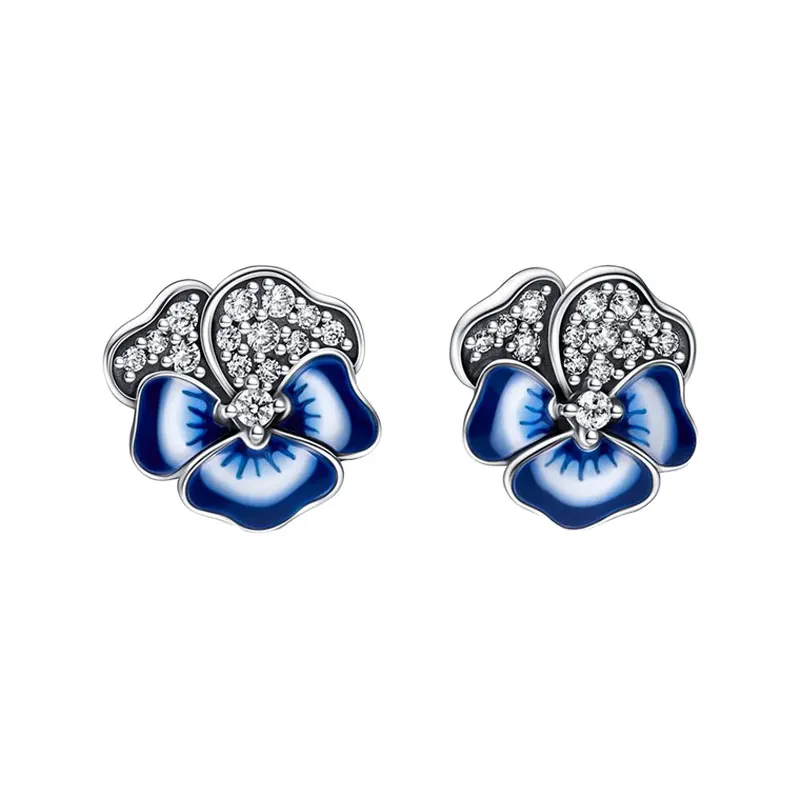 Spring Pansy Flower Ear Piercing Stud Earrings For Women 925 Sterling Silver Jewelry Blue Enamel Pave Setting Clear Zircon Petal