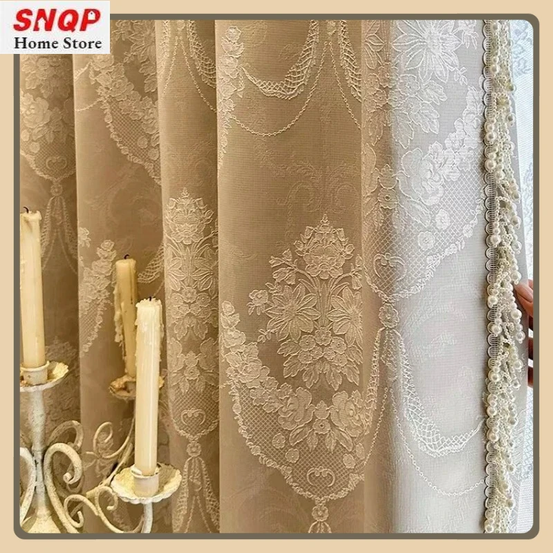 

Custom French Romantic Vintage Jacquard Embossed Lace Pearl Luxury Curtains for Living Room Bedroom Dining Blackout White Tulle