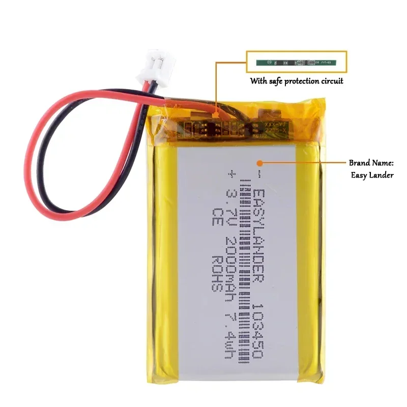 100%New 3.7V 103450 2000mAh rechargeable polymer lithium battery, suitable for PS4, camera, GPS, Bluetooth speaker 3.7V battery