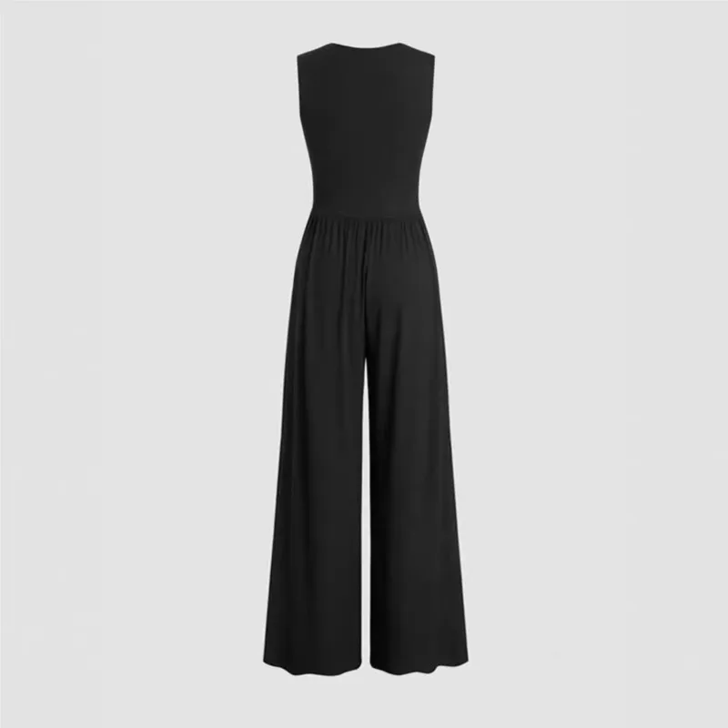 Dames Jumpsuit Elegante Effen Kleur Sexy Mouwloze Diepe V-Hals Geplooide Elastische Tailleband Losse Wijde Pijpen Broek Bodysuits