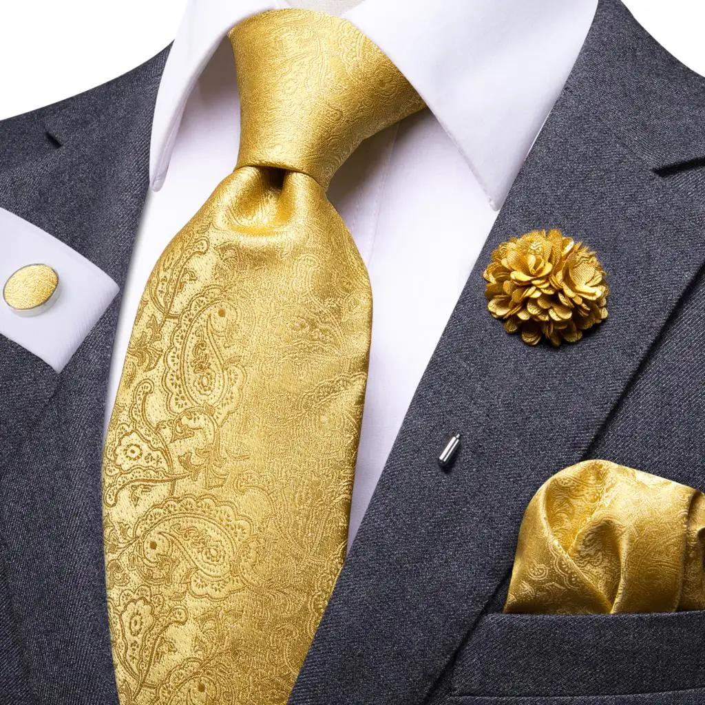 

Mens Necktie Luxury 8.5cm Gold Yellow Paisley Silk Business Tie Hnaky Cufflink Brooch Wedding Gift For Men Hi-Tie Designer