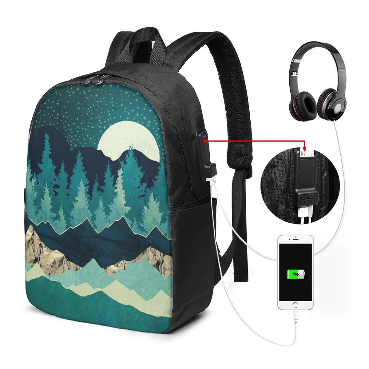 Nighttime Pine Forest Backpack Travel Notebook Bag Computer College Student School Bag Laptop Shoulder Bags for Men Women