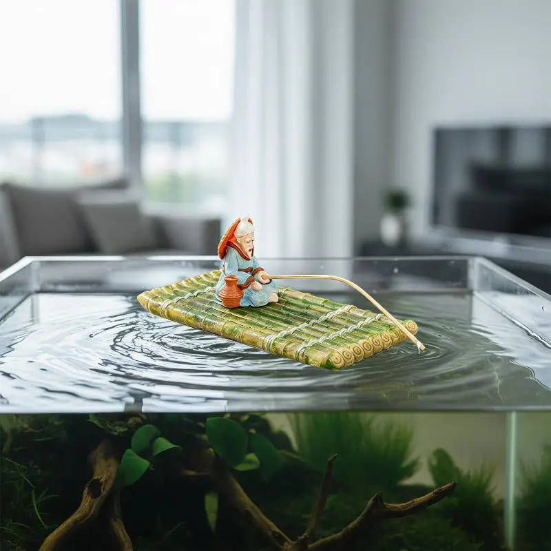 1 Set Feeding Platform Floating Bamboo Raft Fishing Ornament For Miniature Landscape Decoration Garden Statue Outdoor Decor