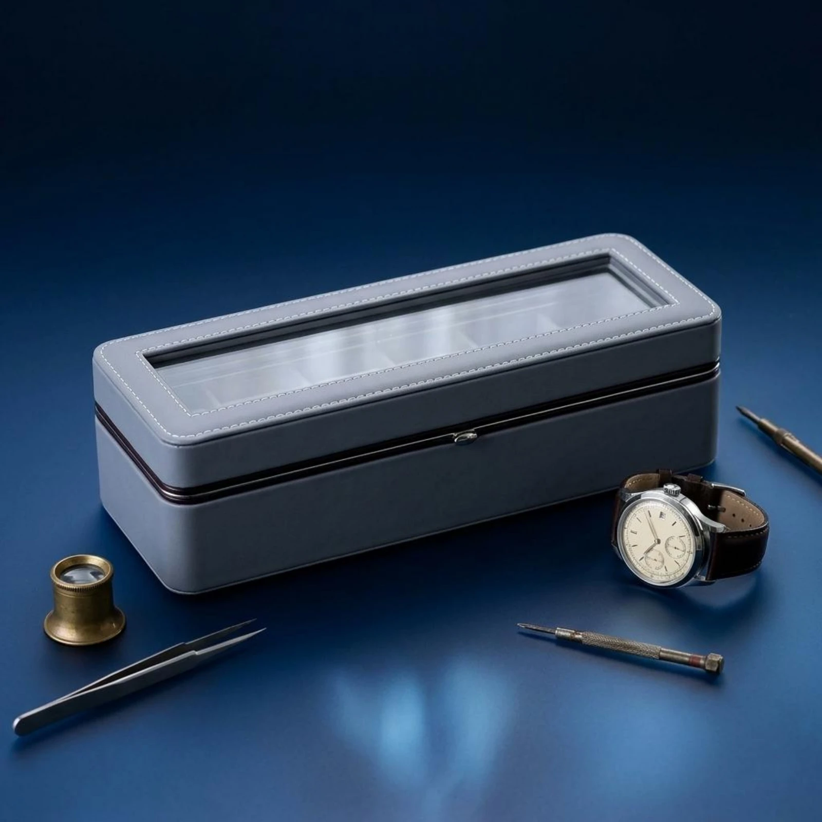 6-Slot Watch Box Clear Window Lid 6-Slot Watch Case Flocked Interior PU Leather