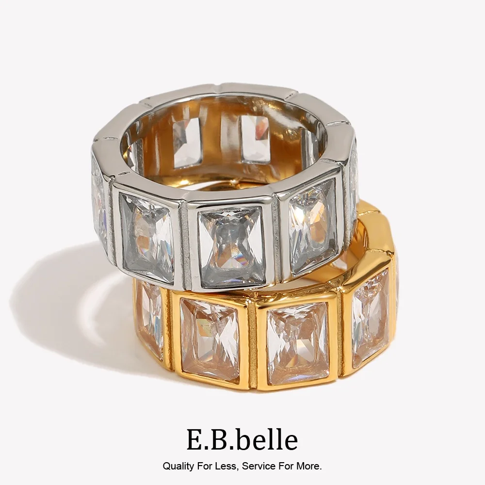 E.B.belle Tennis Ring Full Zircon Hollowed Ring Creative Design Jewelry Accessories Tarnish Free Hypoallergenic Daily Decoration