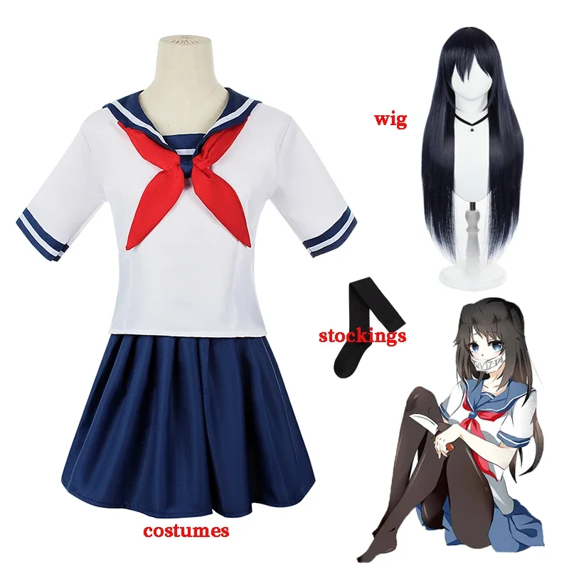 Anime Yandere Simulator Ayano Aishi Cosplay Costumes Wig Women Girl School JK Uniform Sailor Skirt Dresses Student Class Clothes