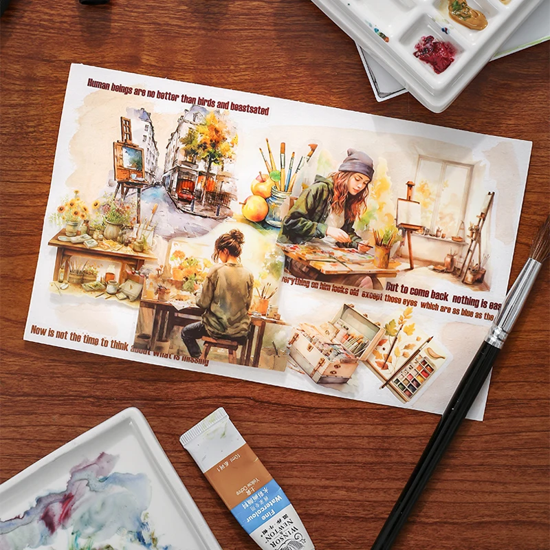 Mr. Paper, Painting Character Landscape Stickers Pack, Scrapbook, Phone Case, Diary Gift Card Decorative Stickers