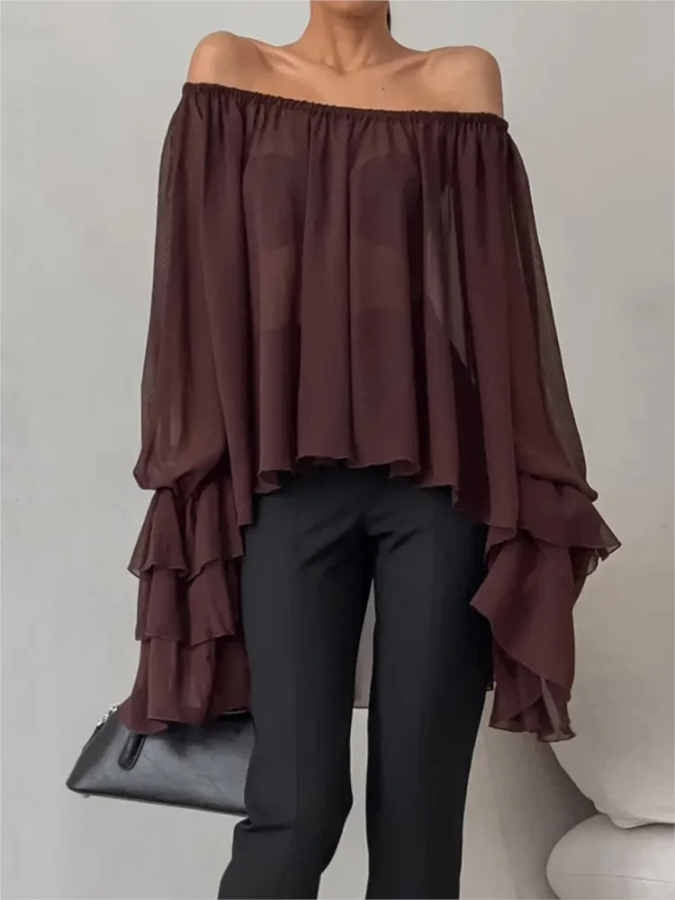 Fashion Brown One Neck Shirt Women See Through Ruffle Edge Loose Blouse 2025 New Summer Chic Vintage Casual Long Sleeve Shirts