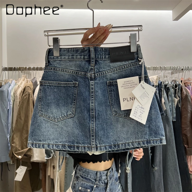 Spring New Korean Fashion Hot Girl Y2K Loose Slim Denim Skirt High Waist Double Pocket Jean Skirt Women Sweet Cool A-line Skirts