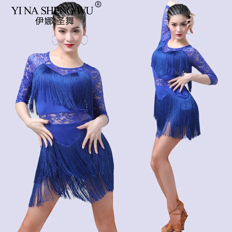 Mulheres vestido de prática de dança latina sexy malha salsa tango cha cha vestido de salão franja borla renda emenda vestido latino para adulto