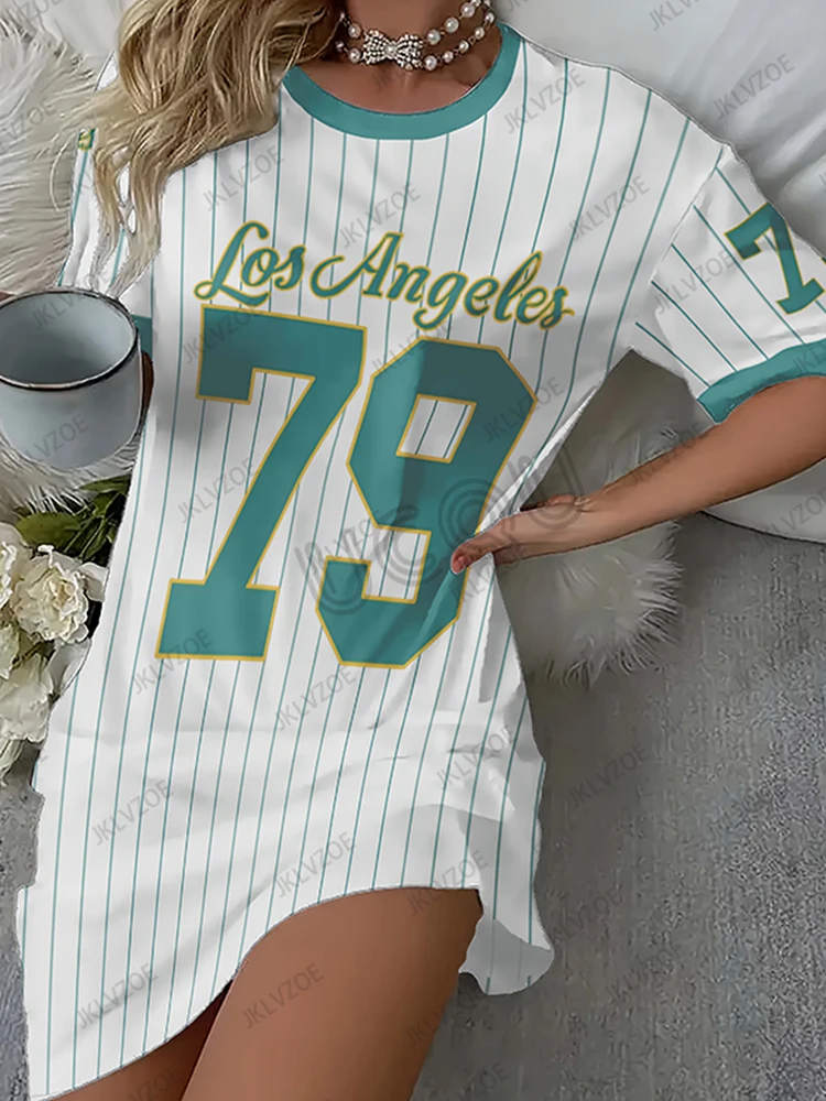 Nouveau Arriavl été rayure Los Angeles 79 imprimé femmes à manches courtes T-shirt robe Hawaii vacances décontracté sport mode robe