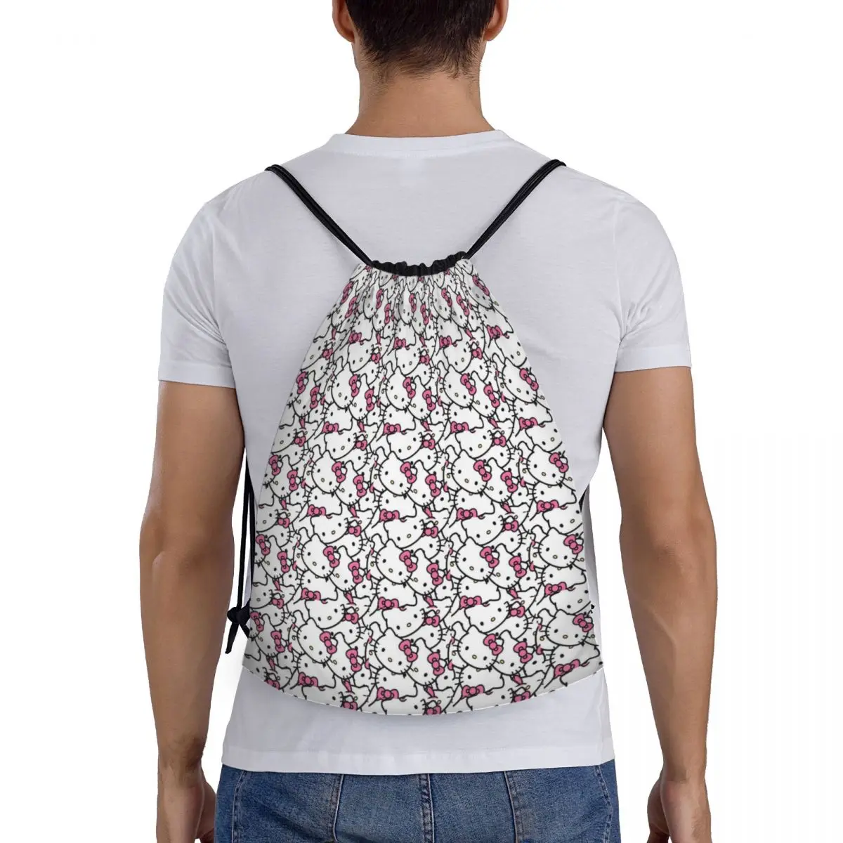 Custom Hello Kitty Drawstring Bag Men Women Lightweight Cartoon Sports Gym Storage Backpack