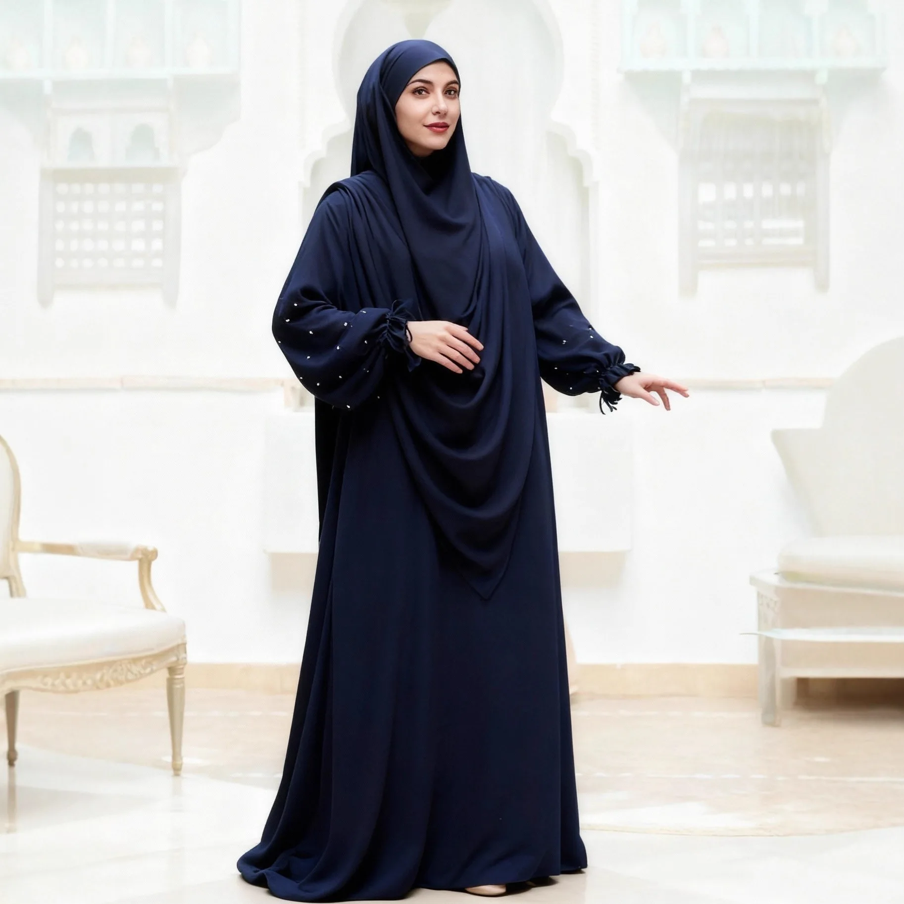Women Dress with Khimar 2 Piece Set Prayer Garment Pearl Sleeve Party Dress Abaya Eid Muslim Caftan Robe Jalabiya Ramadan Dubai