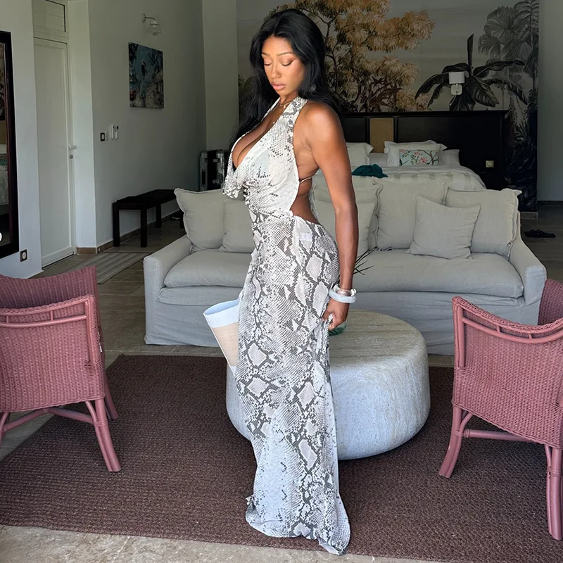 Grey And White Printed Women's Suspend Neck, Off-the-shoulder Body Clothes With A Smart Waist And Low-cut Neckline, Elegant And