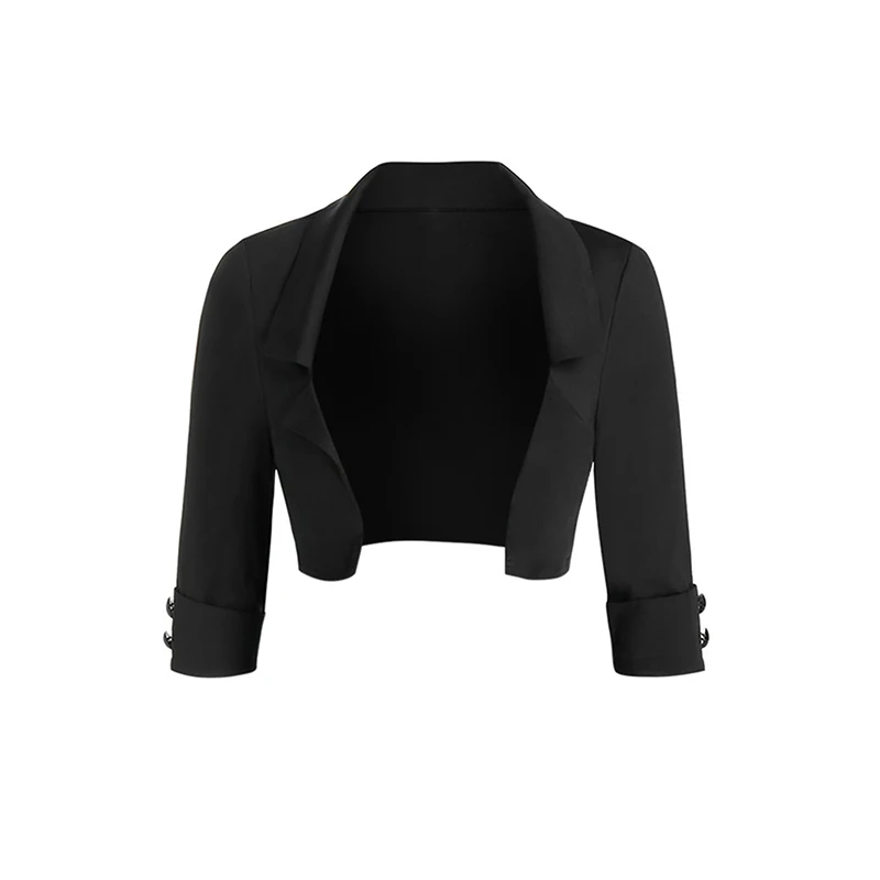 Dressfo 2024 Kurtka damska Płaszcz Topy Jednolity kolor Otwarty przód Kurtka Crop Mock Button Turndown Collar Cropped Jacket Black Tops