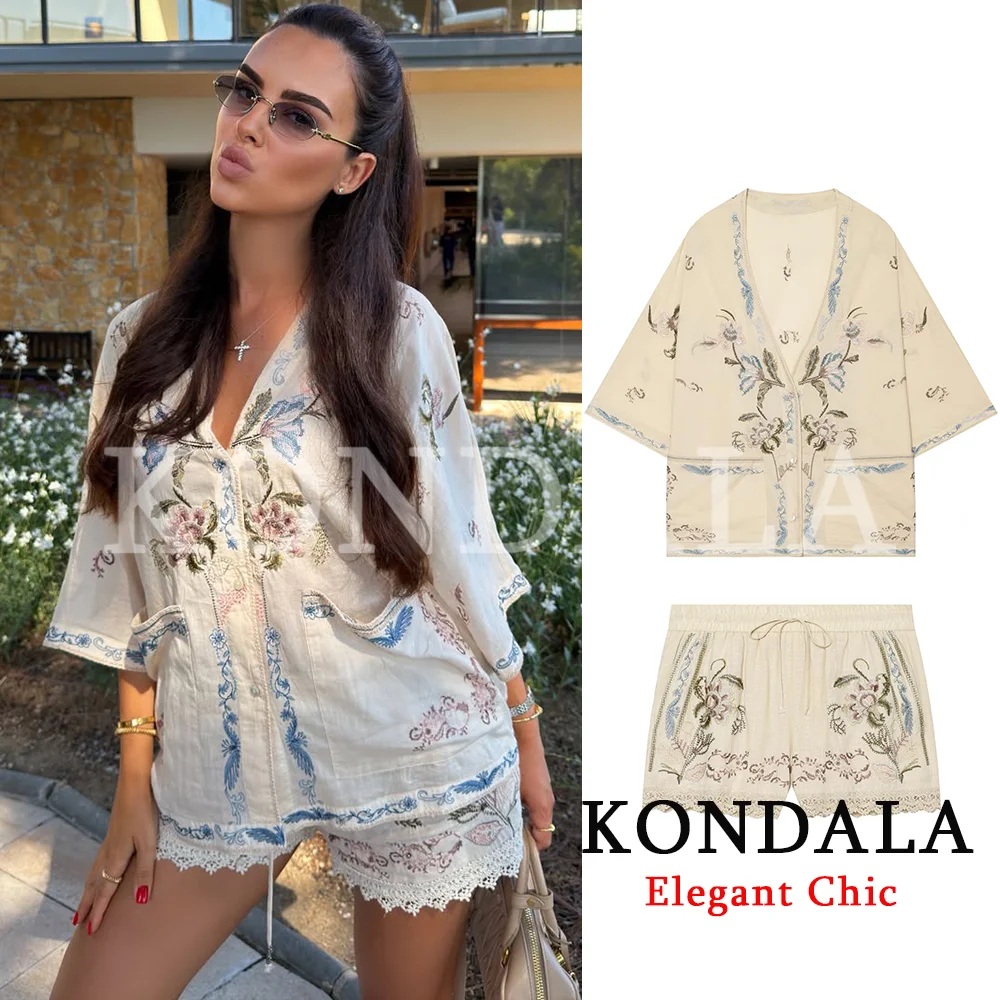 Embroidery Uniforms - KONDALA Women Embroidered Vacation Shorts Set
