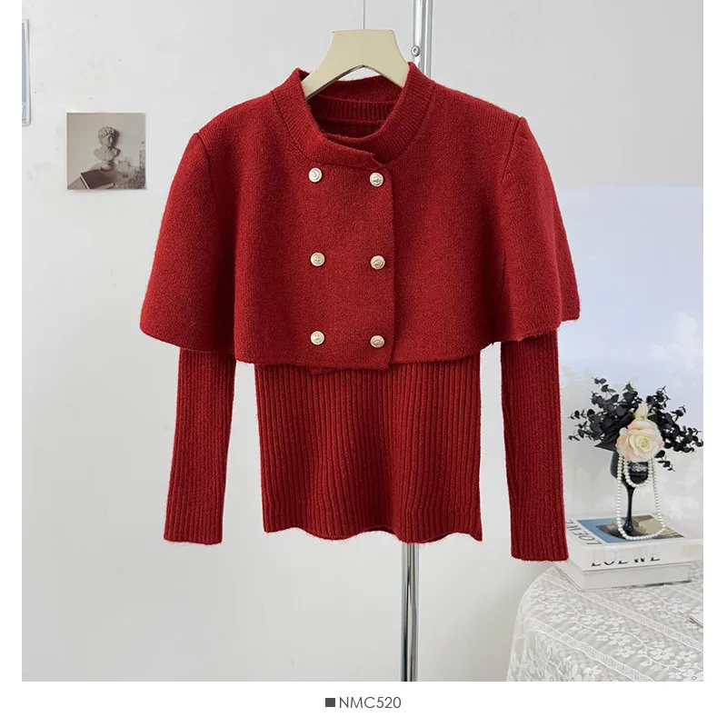 

French Style Double Breasted Knitted Shawl 2 Pieces Knitted Sweater O Neck Base Shirt&Short Cloak Cape Red White Black grey Top