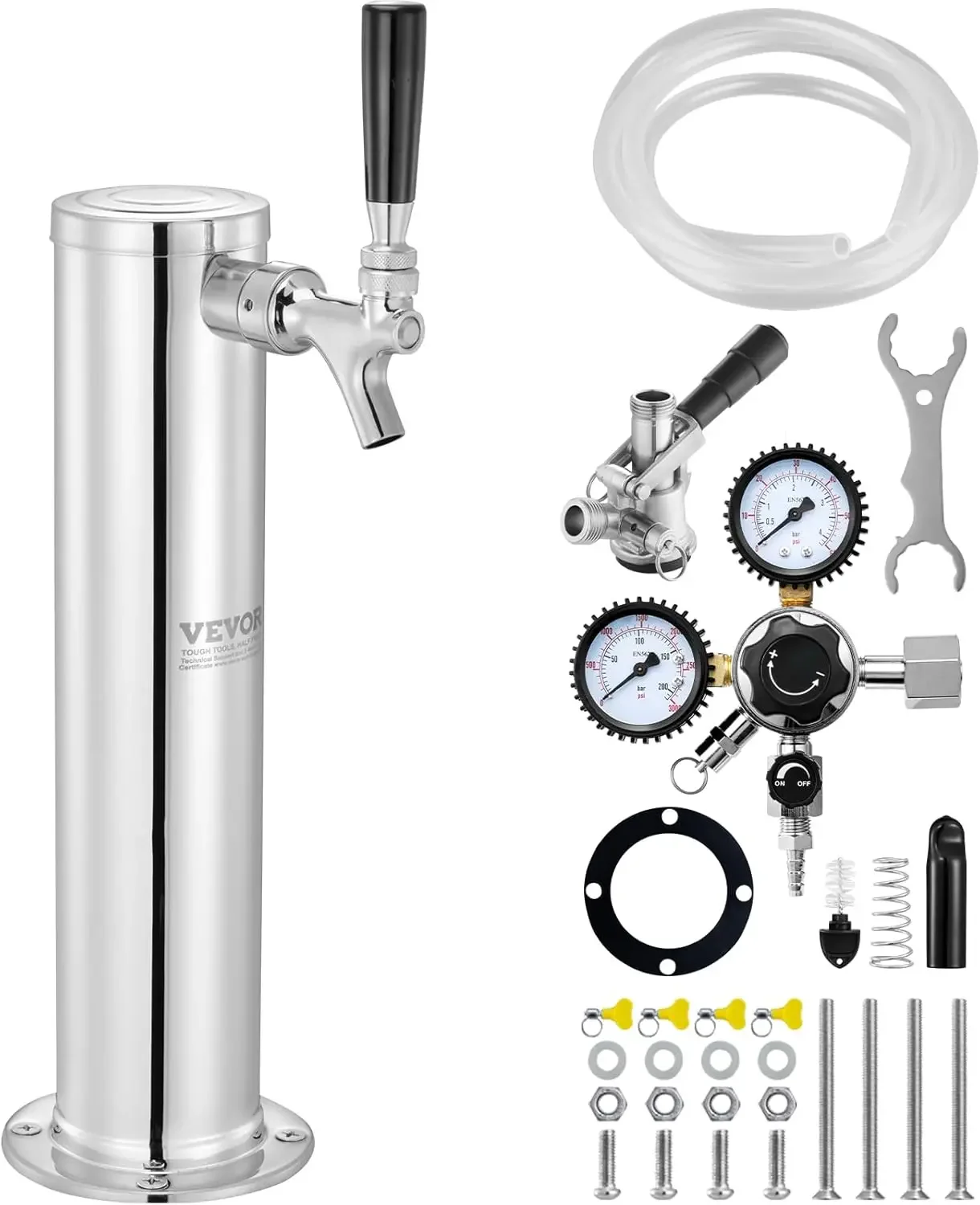 Single Tap Beer Conversion Kit, Stainless Steel Keg Beer Tower Dispenser with Dual Gauge CGA320 Regulator & D-System Keg Coupler