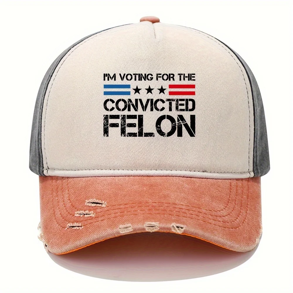 Unisex Vintage Washed Distressed Baseball Cap with 'I'm Voting for the Convicted Felon' Print, Cotton Blend, Adjustable Buckle C