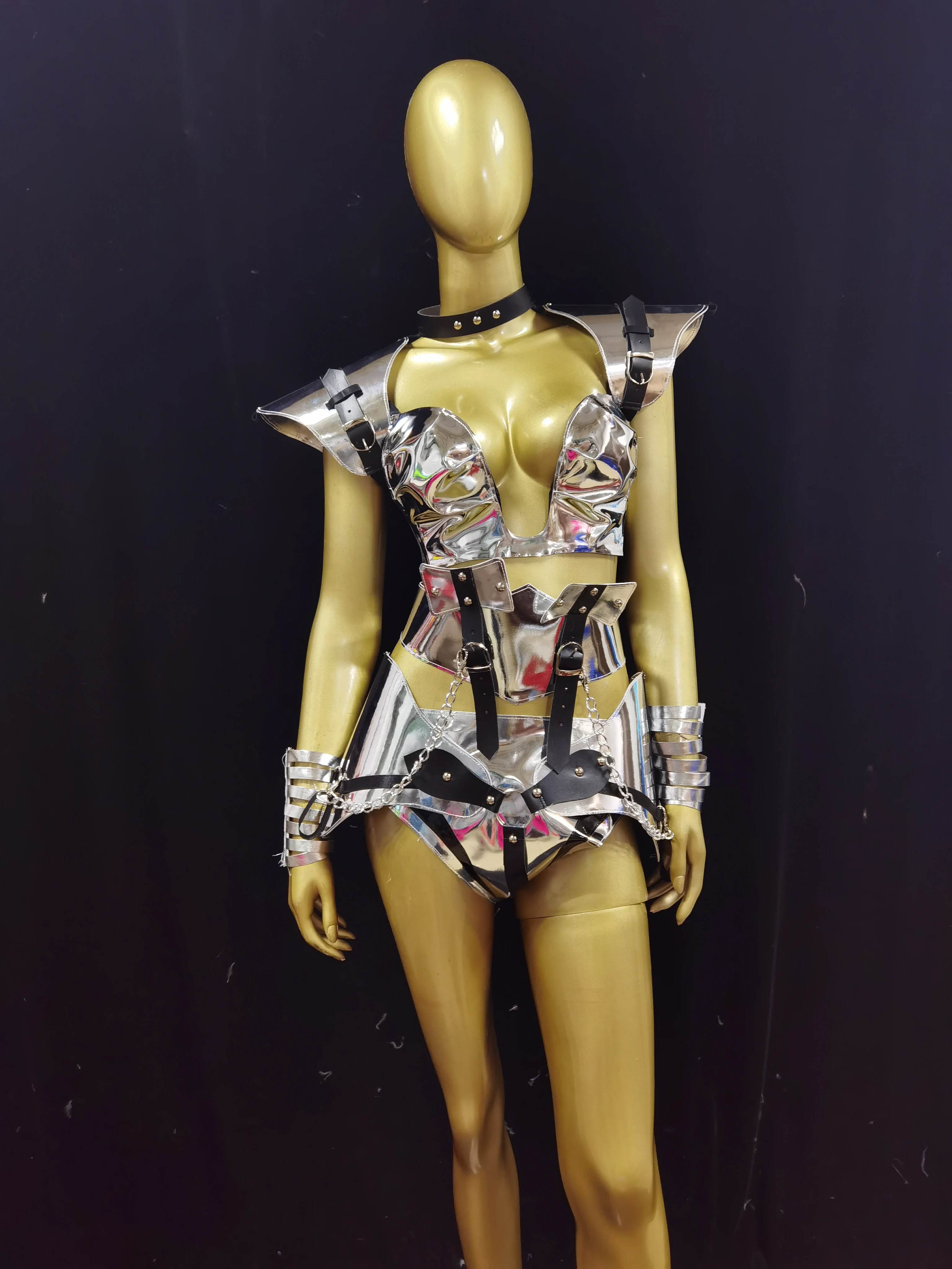 Silver Gold Glossy PU Leather Armor Nightclub Bar Club Singer Stage Performances Costume Personalized Dance Festival Rave Outfit