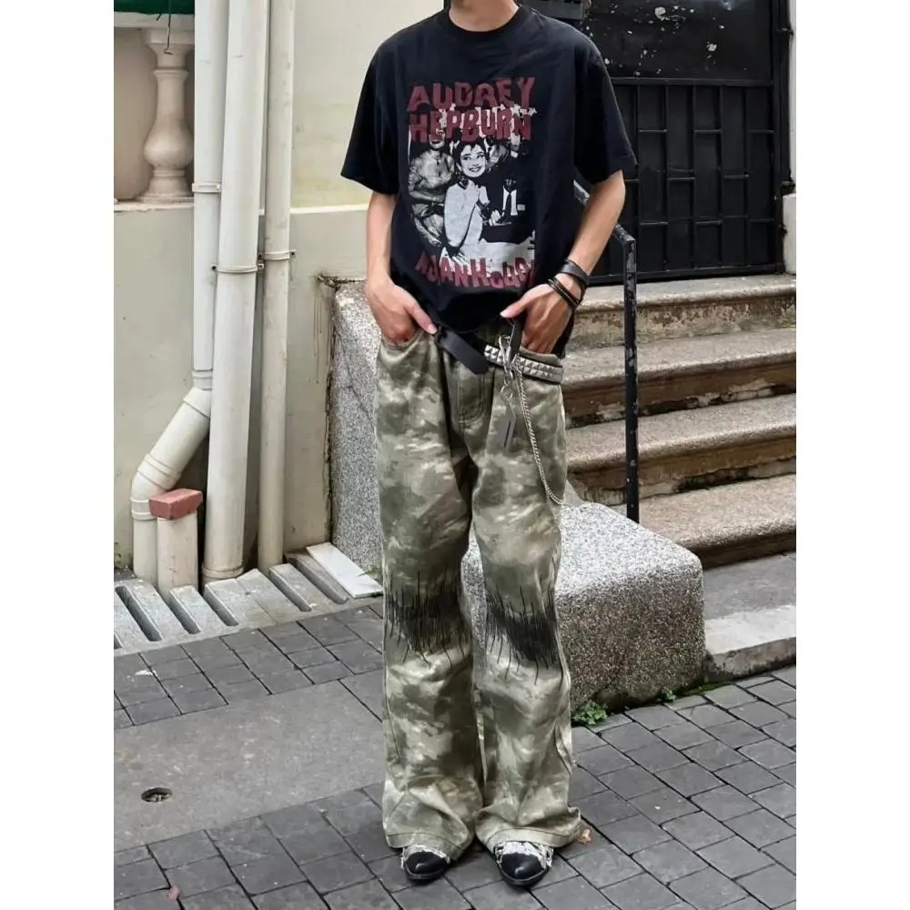

Retro Street Sle Camouflage American Micro Flared Jeans Men Straight Loose Casual Pants Embroidered Wide Leg Commute