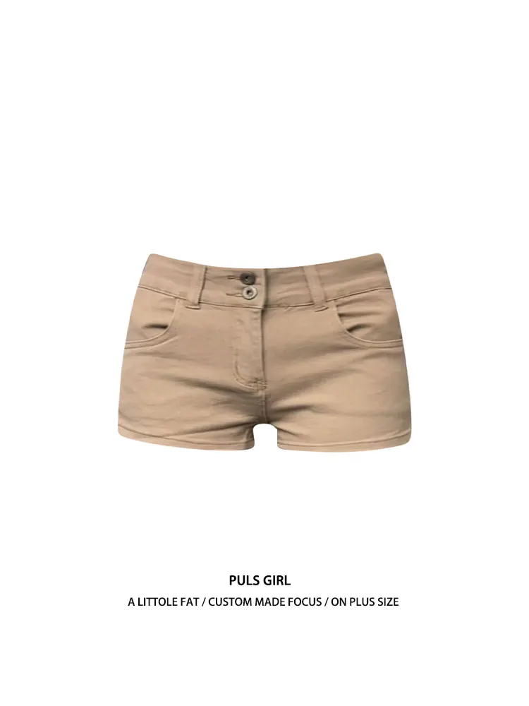 

High Waist Slim Fit Double Buckle Khaki Denim Shorts Women's Summer New Style Retro American Vintage Trendy Hot Pants