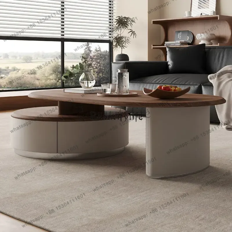 XX59Telescopic solid wood coffee table medium and ancient style high-end simple saddle leather retro style coffee table