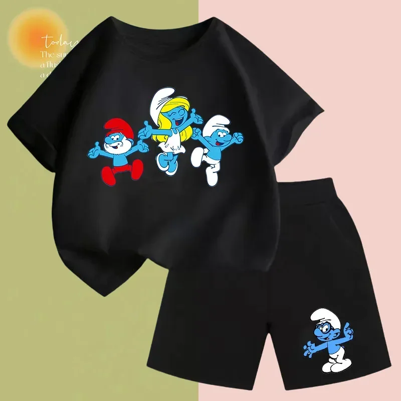 2024 Summer Smurf Kids Cartoon T-shirt Set Cartoon Print Short Sleeve Casual Sportswear for Men and Women