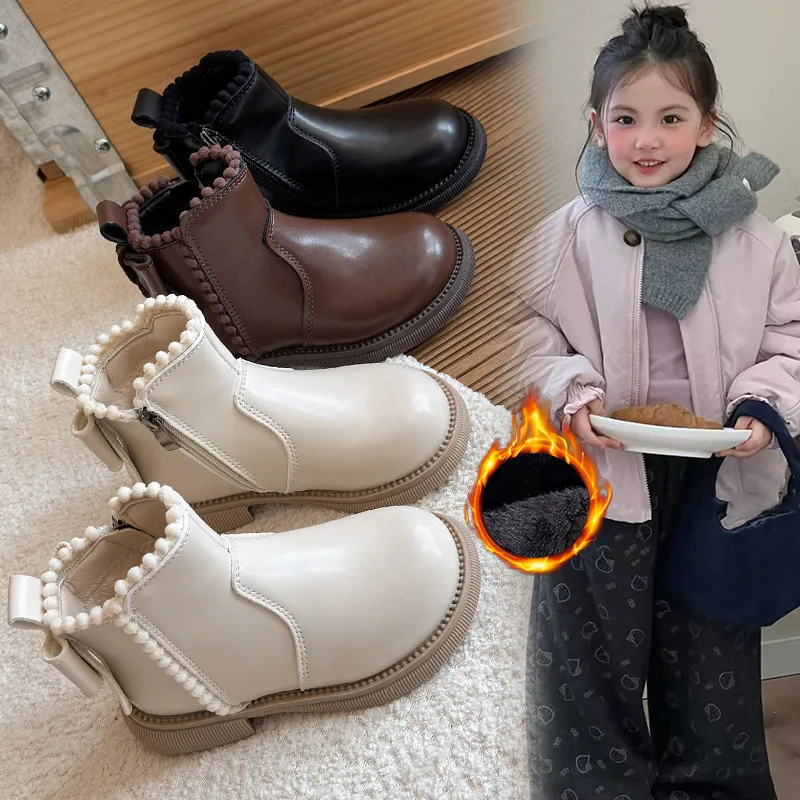 

Children Short Boots Autumn Winter New Girls Soft-soled Princess Kids Velvet PU Leather Footwear Flats Size 23-36