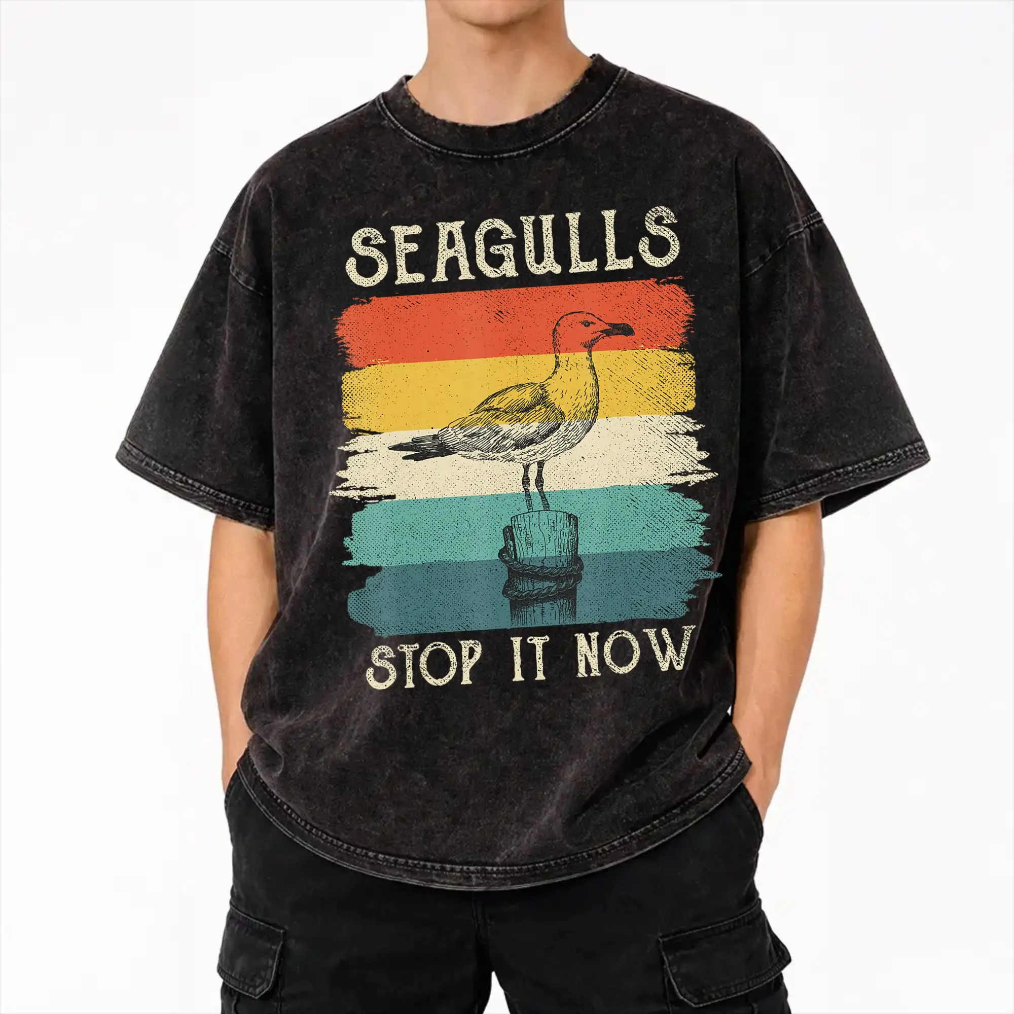 Seagulls Stop It Now Bird Lover 80s Retro Funny Seagull  Washed T Shirt Streetwear Hip Hop Vintage T-Shirts  Tees Tops Men Women