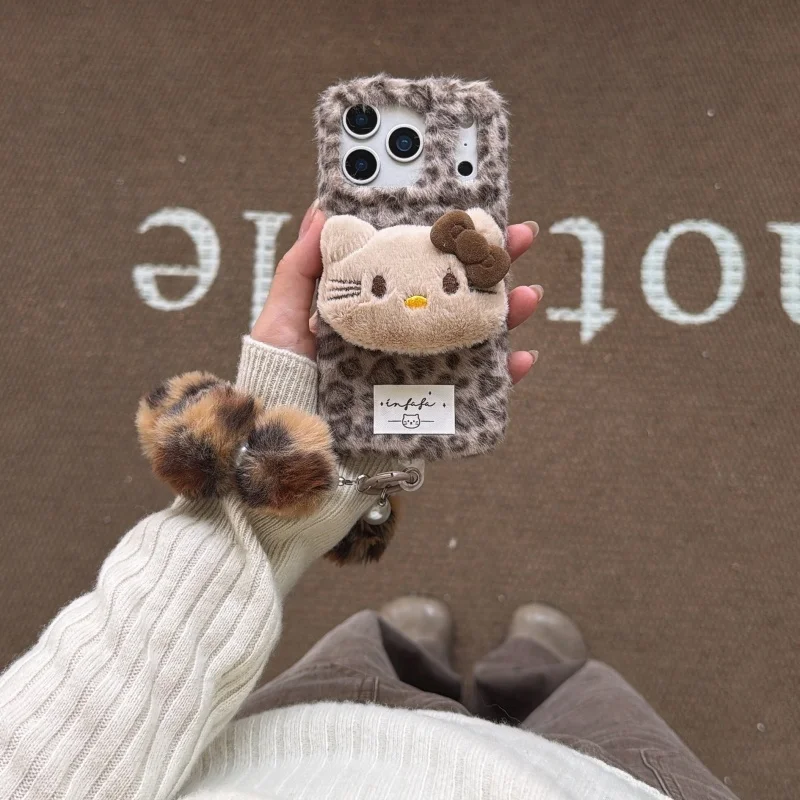 

Luxury Y2K Cute Doll Hello kitty Cat Fluffy Fur phone case for iPhone 13 12 11 14 15 16 17Pro Max Cartoon KT Furry Wrist Strap﻿﻿