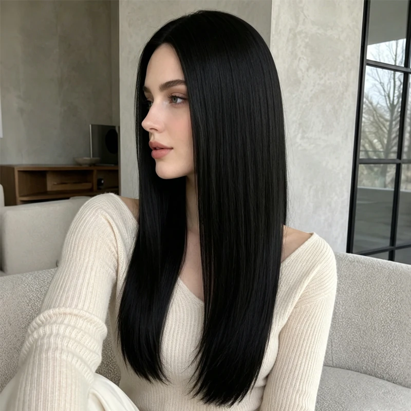 28-inch pure black synthetic wig with a natural middle part, suitable for women's everyday styling.